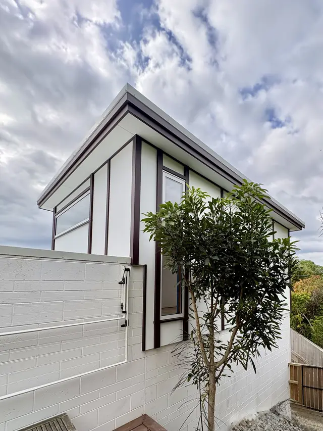 After: the finished extension with white cladding, dark trim and a skillion roof