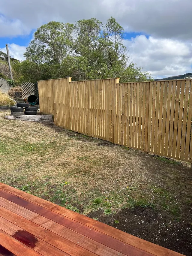 Long new timber paling fence along the edge of a lawn